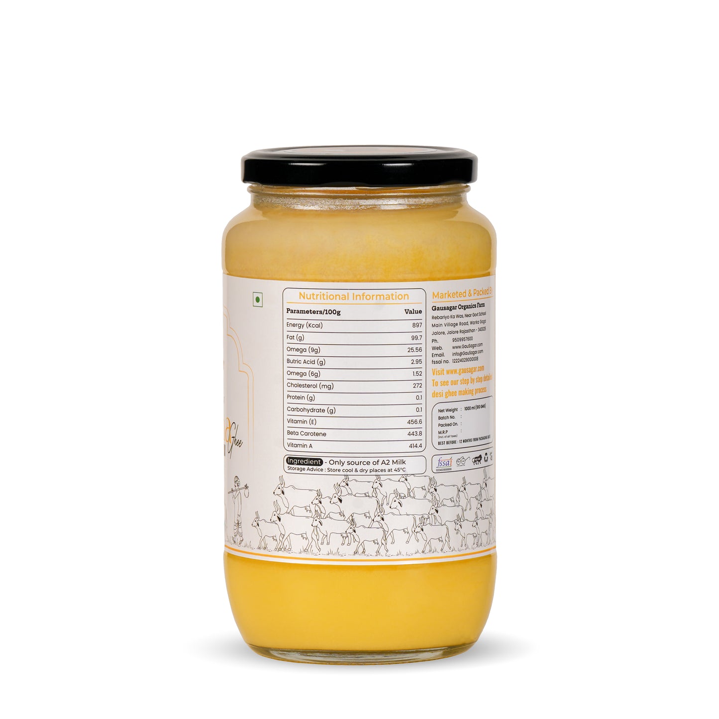 GauSagar A2 Desi Kankrej Cow Bilona Ghee 1000 ML Glass Jar