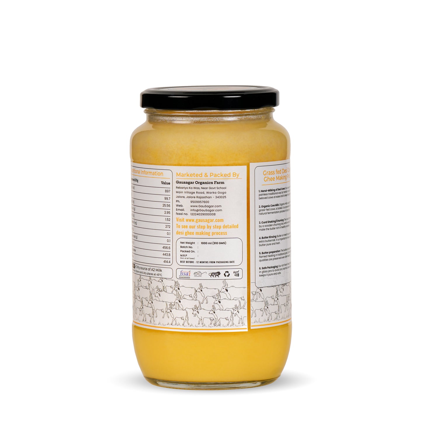 GauSagar A2 Desi Kankrej Cow Bilona Ghee 1000 ML Glass Jar