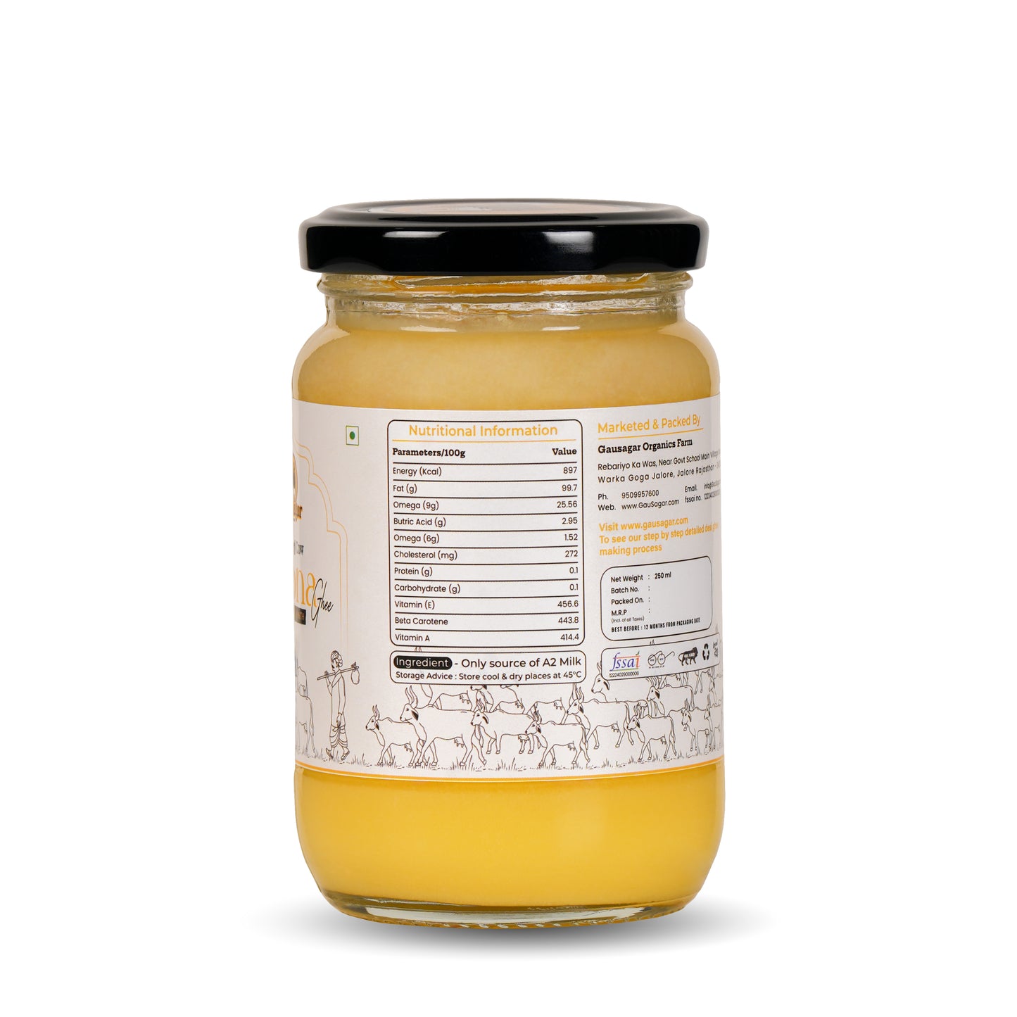 GauSagar A2 Desi Kankrej Cow Bilona Ghee 250 ML Glass Jar