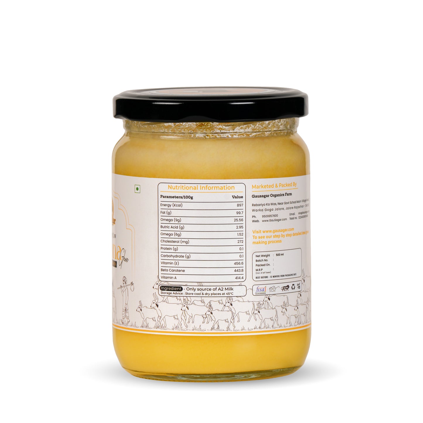 GauSagar A2 Desi Kankrej Cow Bilona Ghee 500ML Glass Jar